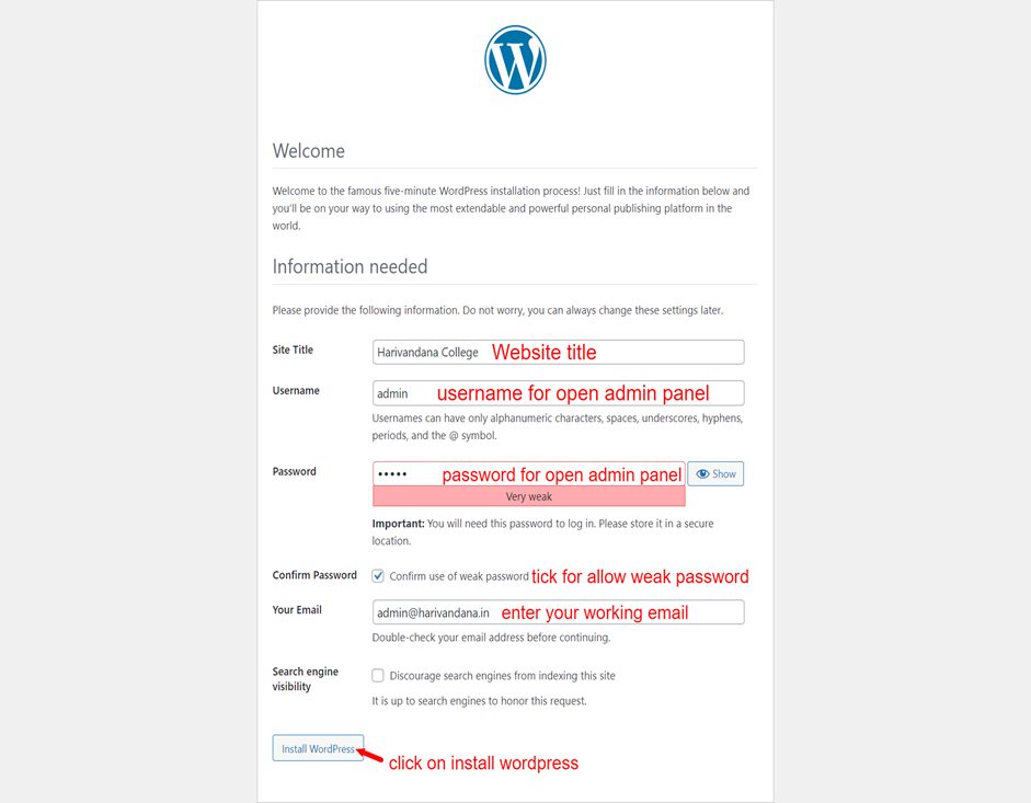 Administrative information for wordpress installing